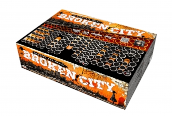 Složený kompaktní ohňostroj Broken city, 18 různobarevných efektů v 20+25+30mm moždířích, celkem 84+54+72+42 = 252 ran. Vyuhlovaný.