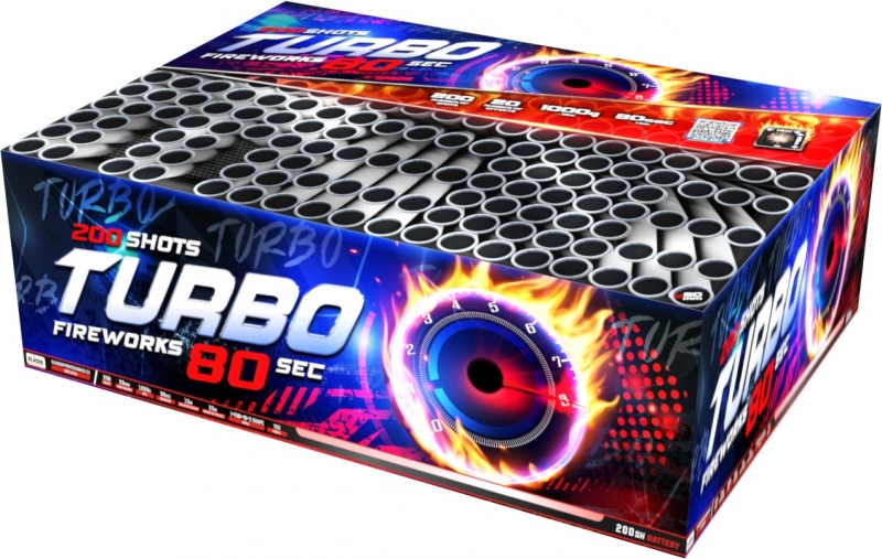 Ohňostroj Turbo 20mm shots 80, 200 ran, 20 různobarevných efektů. Průměr moždíře 20 mm, vyuhlovaný.