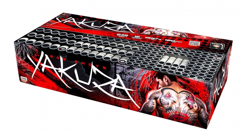 Ohňostroj Yakuza. Průměr moždíře 20+25+30 mm, 248 ran, 16 různobarevných efektů, vyuhlovaný