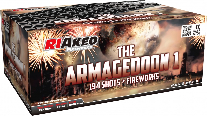 Ohňostroj The Armageddon, Průměr moždíře 25+30 mm, 39 různobarevných efektů, vyuhlovaný.