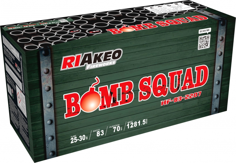 Ohňostroj RIAKEO Bomb Squad. Průměr moždíře 25+30 mm, 12 různobarevných efektů.