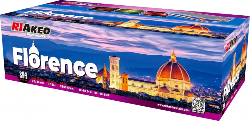 Ohňostroj RIAKEO Florence, Průměr moždíře 25+30 mm, 20 různobarevných efektů. Vyuhlovaný.