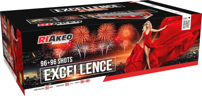 Složený ohňostroj RIAKEO Excellence 192sh 30mm, 20 různobarevných efektů . Vyuhlovaný.